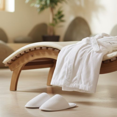 Bathrobe and slippers arranged by spa chair in warm window glow creating a clean relaxing mood